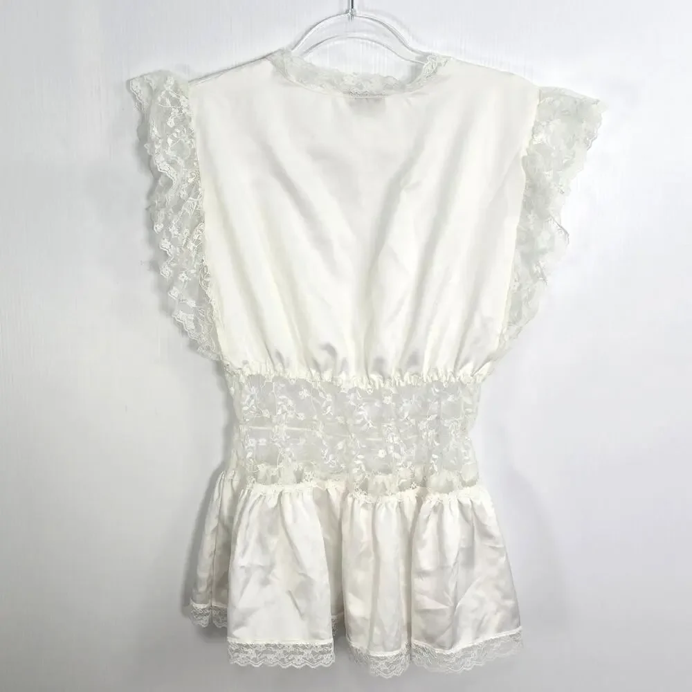 Jaclyn Smith Vintage 90s Satin Lace Lingerie Top Off White Sheer Waist Large - Picture 2 of 7